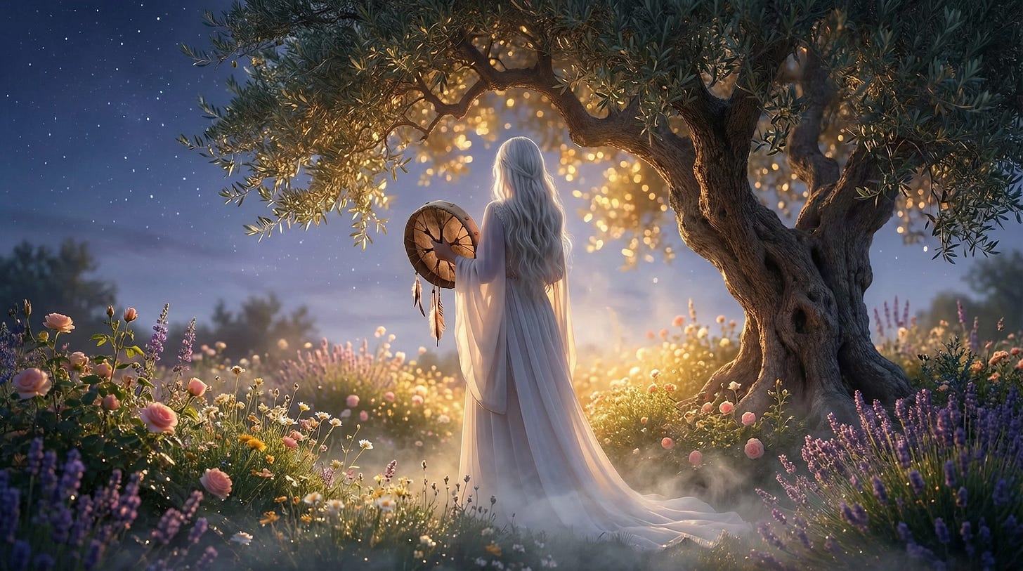 Woman with long white hair dressed in white, holding a shamanic drum facing an illuminated olive tree in a garden of roses and lavender at twilight.
