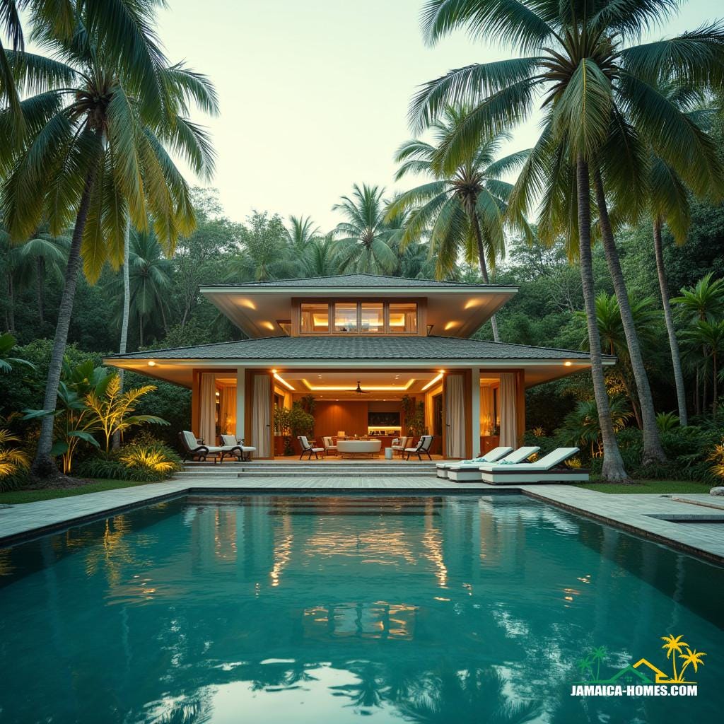 Elegant, modern ranch in Jamaica, Caribbean, set amidst lush tropical foliage, with crystal-clear swimming pools reflecting vibrant island hues, captured in a breathtaking cinematic film still, reminiscent of the works of Roger Deakins, Emmanuel Lubezki, and Reed Morano, with a warm, cinematic color palette, rich film grain, subtle vignette, and precise color grading, evoking the feel of 35mm film, shot on a V-Raptor XL, with dramatic, atmospheric lighting, and a post-processed, high-contrast aesthetic, blending the tranquility of the Caribbean with the grandeur of a cinematic masterpiece.