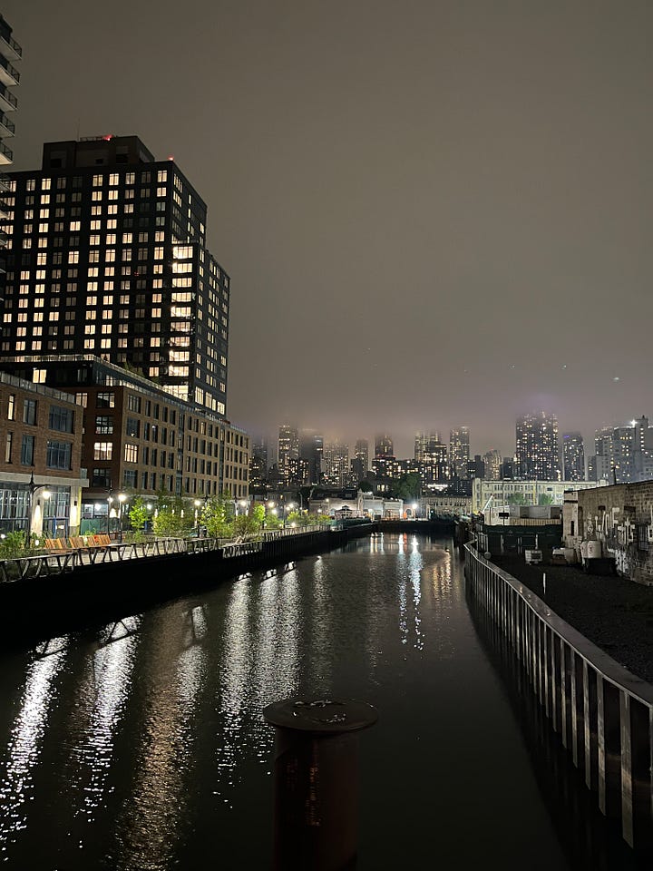 left: night picture of Gowanus Canal; right: day picture of Gowanus Canal