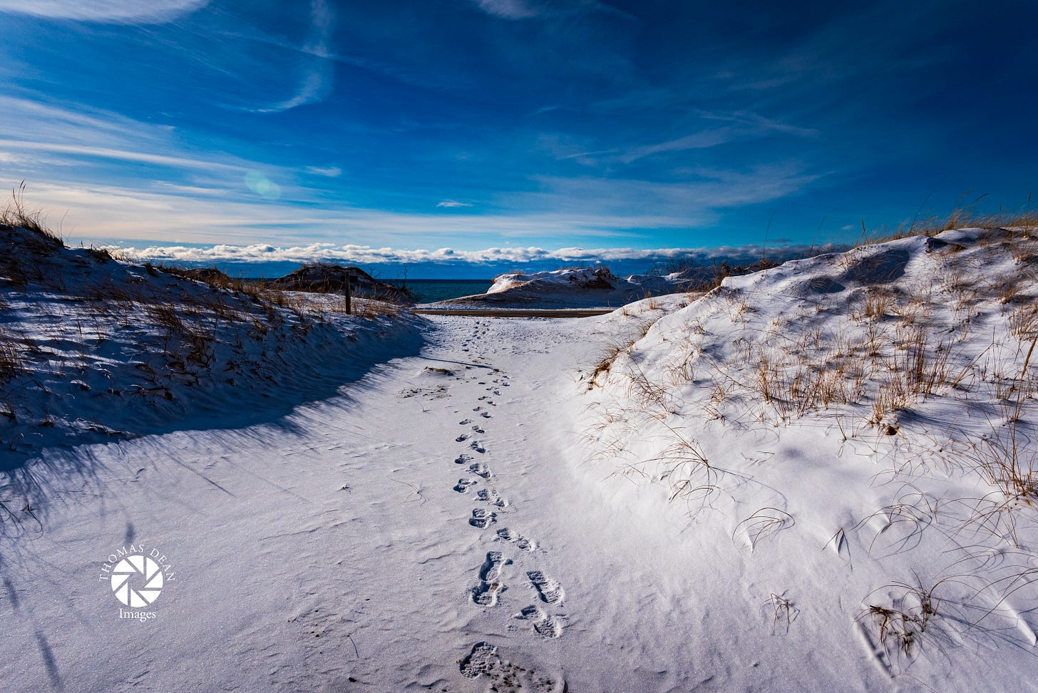 Foot steps in the snow.
