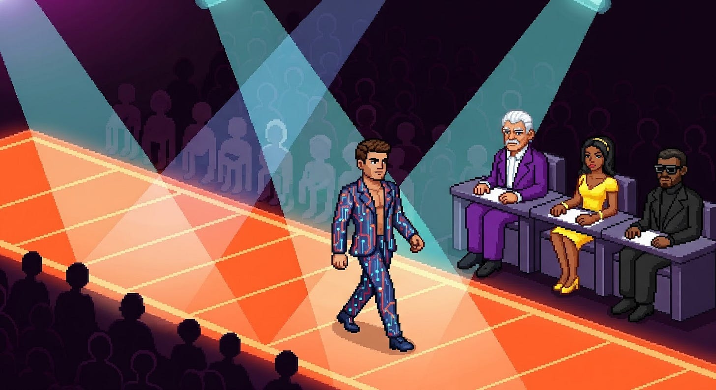 “90s retro pixel art in River City–inspired chunky sprites, scaled-up pixels, slightly isometric 3/4 view. The catwalk runway glows with #eb5622 perimeter lighting, #f9f4f2 spotlights, and #111315 audience silhouettes. The agent struts down the runway in sleek fabric suit with no undershirt, woven with circuit-like threads subtly lit by the palette colors. At the side of the runway sits the fixed judges panel: a white-haired man in a purple suit, a young Latina woman in a yellow dress, and a mysterious man in all-black with sunglasses. Mood glamorous, high-stakes, iconic. Camera wide runway shot. Continuity: same runway geometry, same judges, same ANTM palette.”