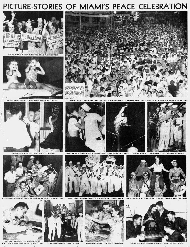 Figure 4: Insert in the Miami News on Wednesday, August 15, 1945, with photos of celebrations across South Florida. Figure 4: Insert in the Miami News on Wednesday, August 15, 1945, with photos of celebrations across South Florida.