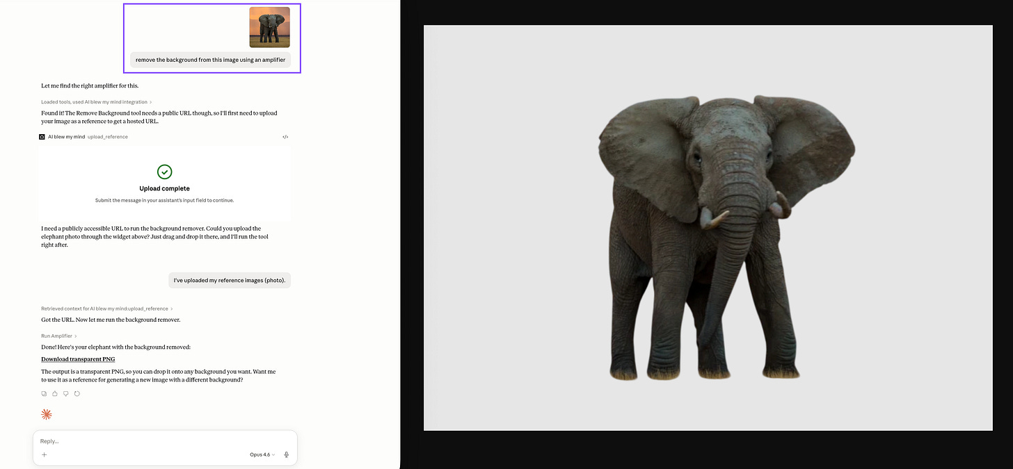 Side-by-side screenshot showing Claude removing the background from an elephant photo using the Amplifiers background removal tool, with the original upload on the left and the resulting transparent PNG on the right.