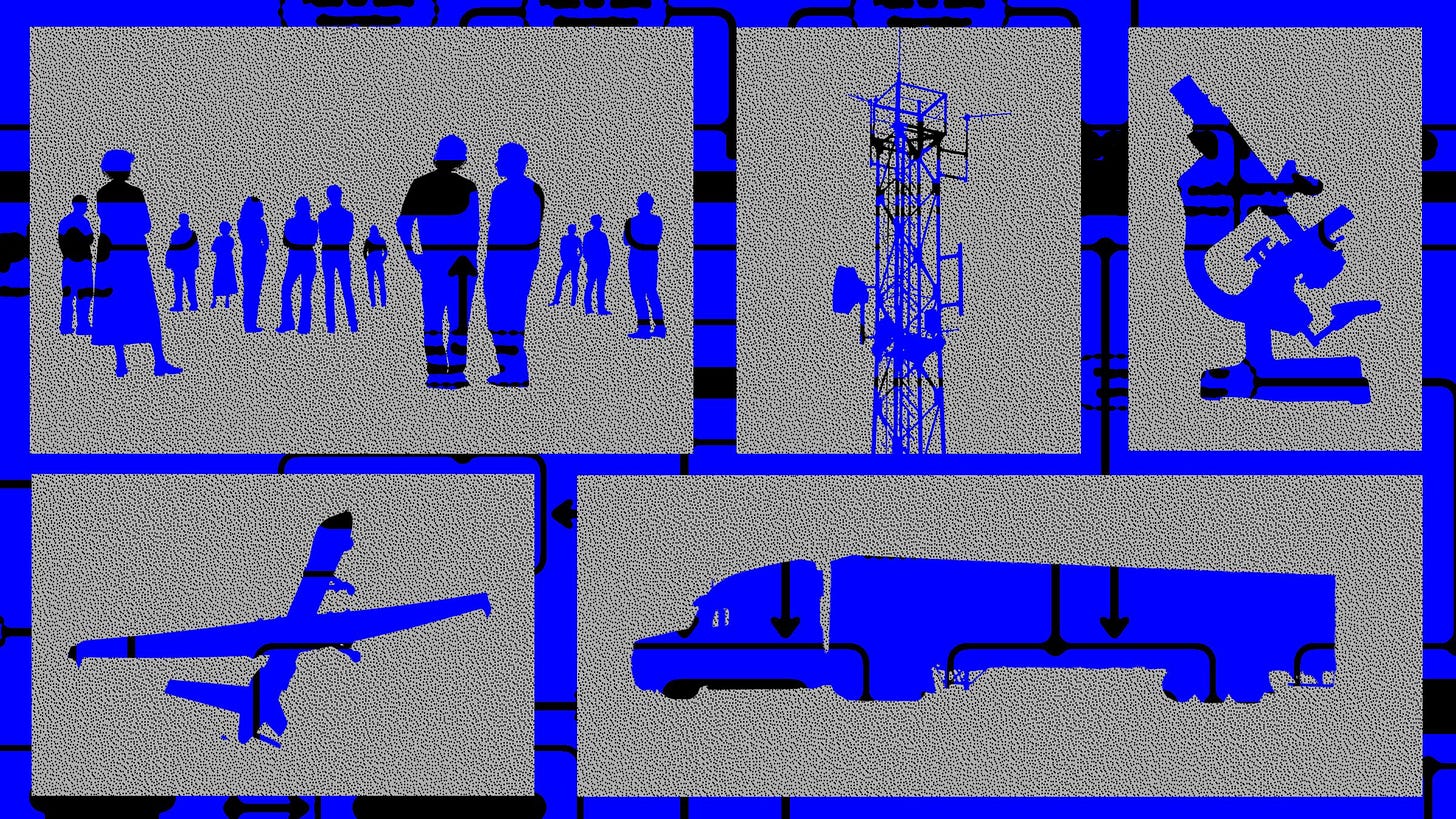 Collage of cut outs of people a cell tower a microscope a military drone and hauling truck and data graphs Collage of cut outs of people a cell tower a microscope a military drone and hauling truck and data graphs