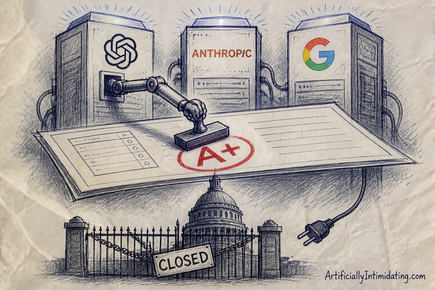 A hand-drawn illustration of three AI-lab towers -- OpenAI, Anthropic and Google -- with a robotic arm reaching out of the OpenAI tower to stamp its own report card A+, while an unplugged, chained-shut U.S. Capitol sits dark below. A hand-drawn illustration of three AI-lab towers -- OpenAI, Anthropic and Google -- with a robotic arm reaching out of the OpenAI tower to stamp its own report card A+, while an unplugged, chained-shut U.S. Capitol sits dark below.
