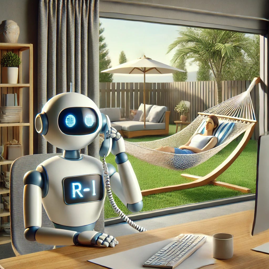 A modern interior scene featuring a friendly robot holding a phone, appearing to be on hold and handling a call at a desk. Outside, visible through a window, a person is lying in a hammock in a relaxing backyard setting. The scene illustrates the concept of AI managing tasks, allowing people to enjoy leisure time. The design is lighthearted and cozy, showing a blend of advanced technology with an everyday, peaceful atmosphere.