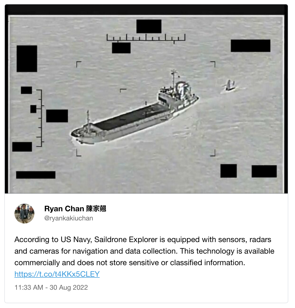 Tweet of a picture of the Iranians targeting a Saildrone autonomous ship. Tweet of a picture of the Iranians targeting a Saildrone autonomous ship.