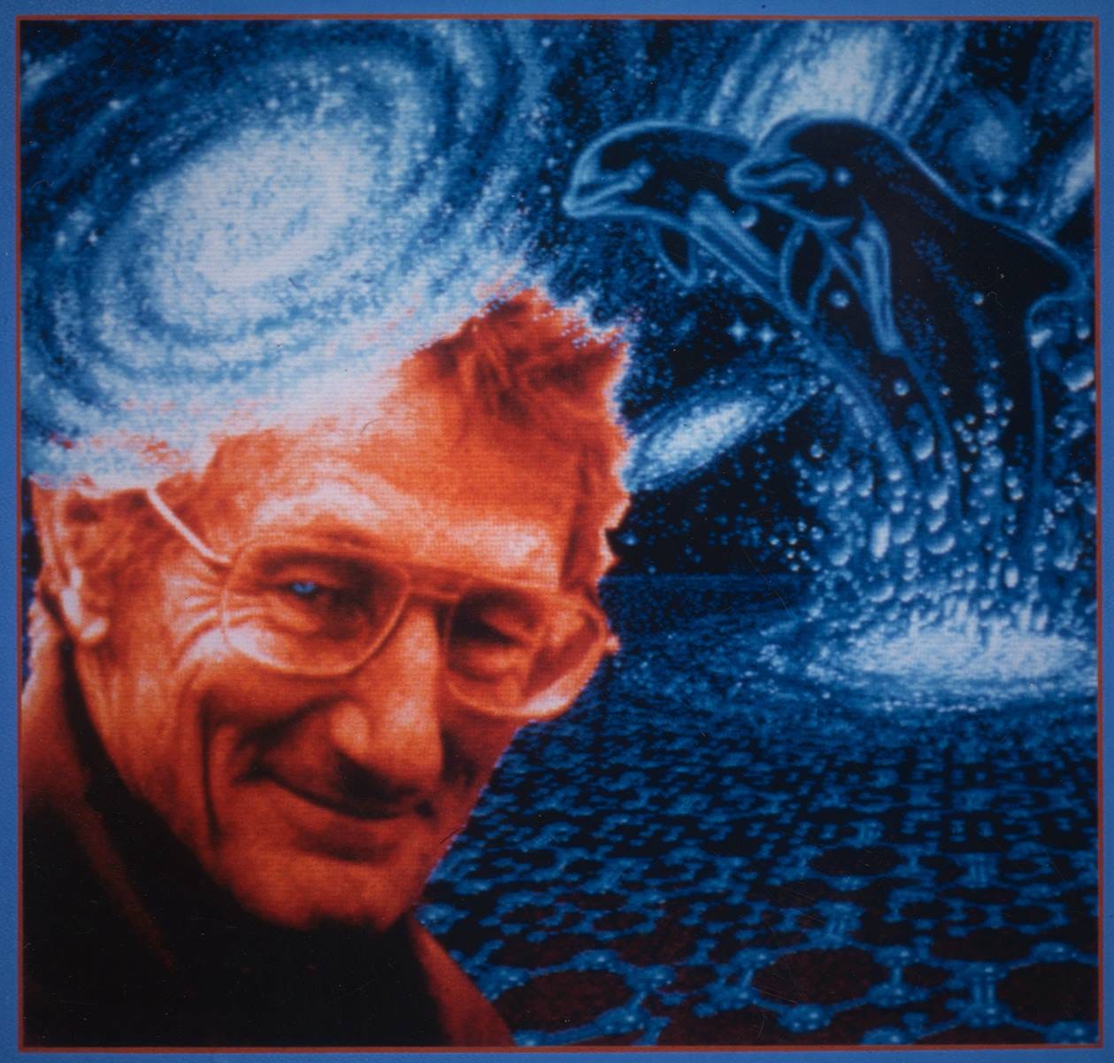A psychedelic image including John C. Lilly, dolphins, a spiral galaxy, and some sort of cell matrix. A psychedelic image including John C. Lilly, dolphins, a spiral galaxy, and some sort of cell matrix.