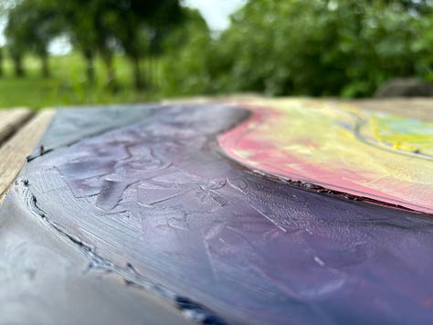 Oil painting in purple, pink, yellow and blue