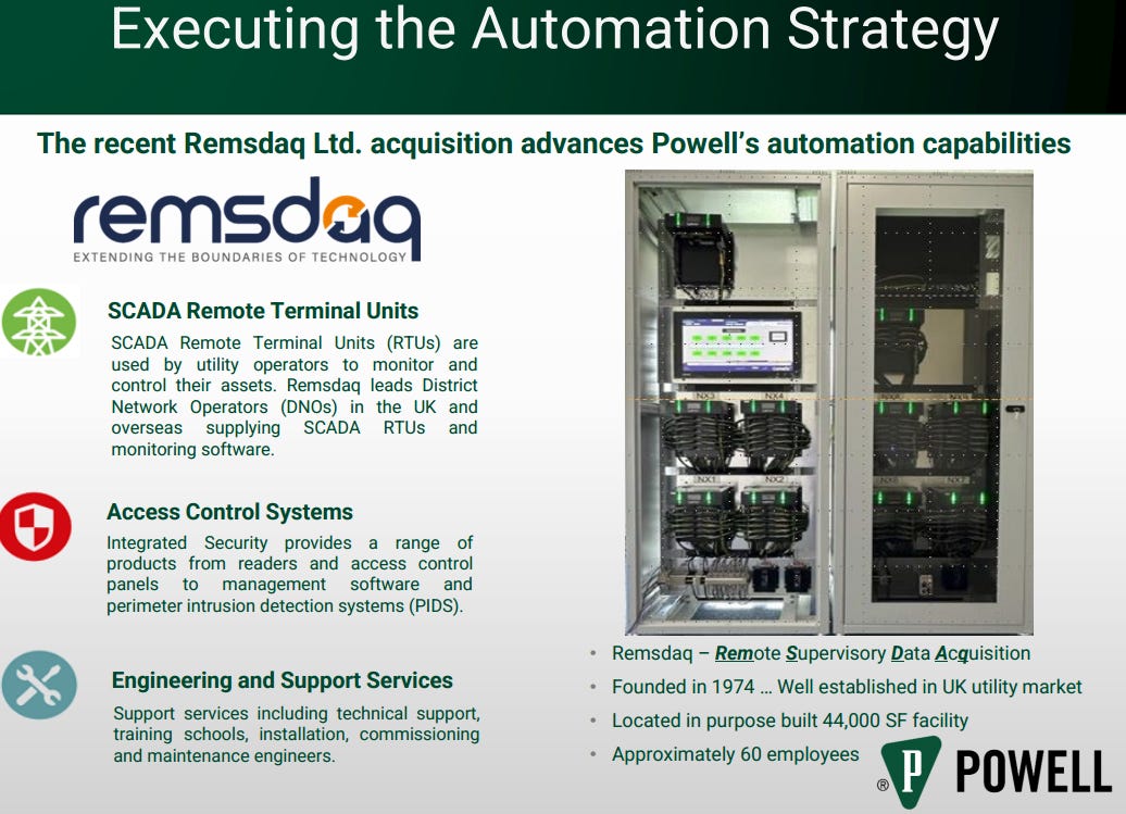 Powell Industries automation strategy slide highlighting the Remsdaq acquisition, SCADA remote terminal units, access control systems, and engineering services that strengthen POWL’s automation capabilities and investment thesis. Powell Industries automation strategy slide highlighting the Remsdaq acquisition, SCADA remote terminal units, access control systems, and engineering services that strengthen POWL’s automation capabilities and investment thesis.