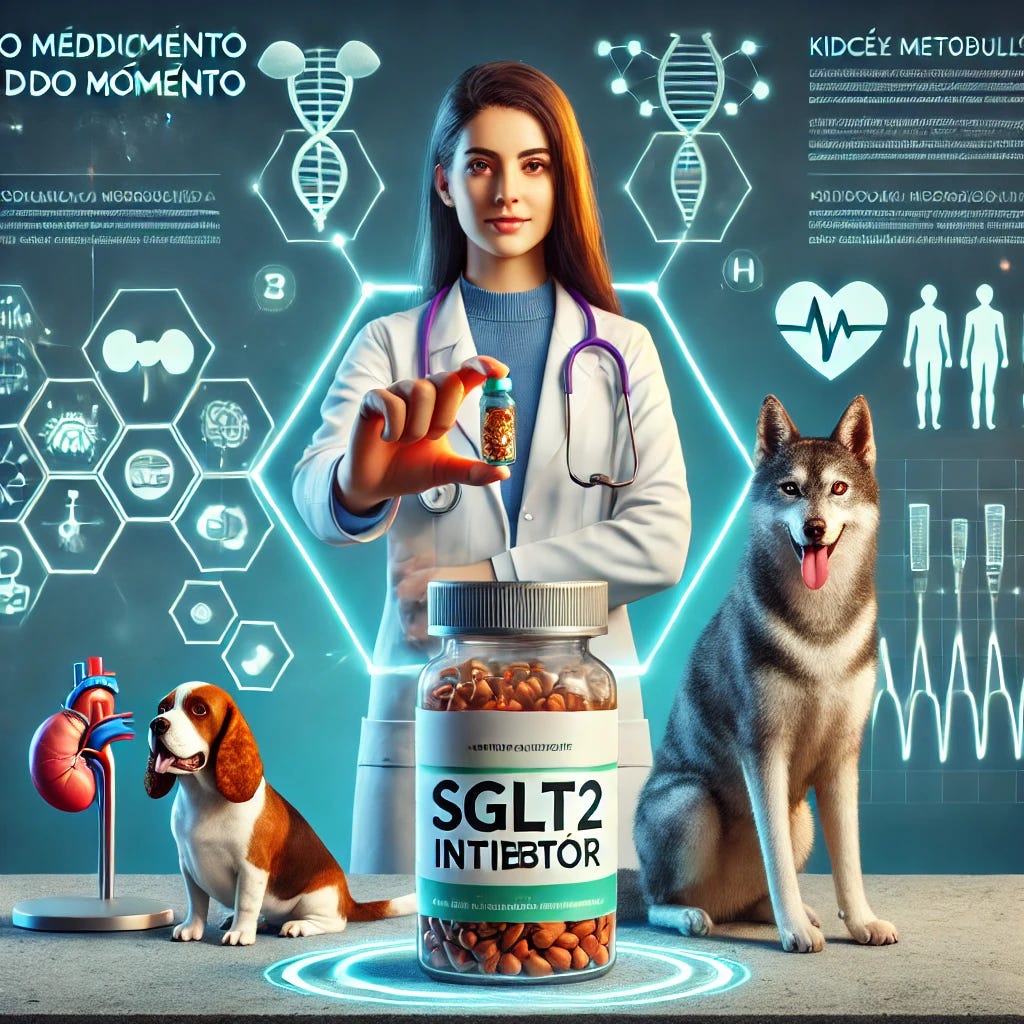 A digital illustration of a veterinary medicine concept featuring SGLT2 inhibitors. The image includes a modern veterinary clinic setting with a female veterinarian holding a pill bottle labeled 'SGLT2 Inhibitor'. A dog and a cat are nearby, looking curious. A futuristic, glowing medical chart in the background highlights kidney function, glucose metabolism, and heart health symbols. The text 'O MEDICAMENTO DO MOMENTO' is prominently displayed in bold, professional typography. The overall theme is modern, scientific, and veterinary-focused.