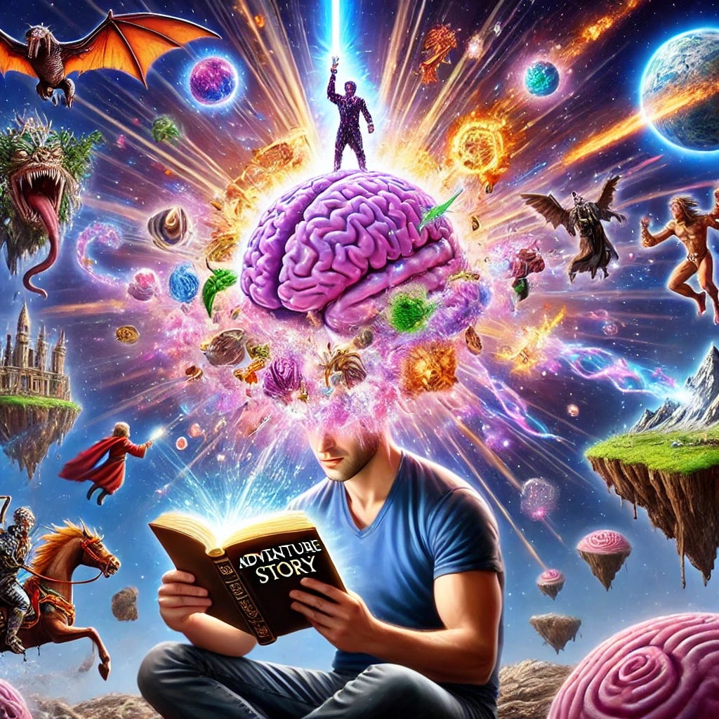 A person reading a book titled 'Adventure Story' undergoes the ultimate transformation into an omniscient being. Their head has expanded beyond reason, glowing with divine energy as they wield a legendary sword and summon ancient magic. Floating islands, dragons, and epic battles unfold around them, pulled from the pages of the book. Their entire body radiates cosmic energy, transcending space and time, as they become the master of all adventure. The scene is an exaggerated, colorful, and humorous take on the 'big brain' meme, pushing the limits of epic fantasy parody.