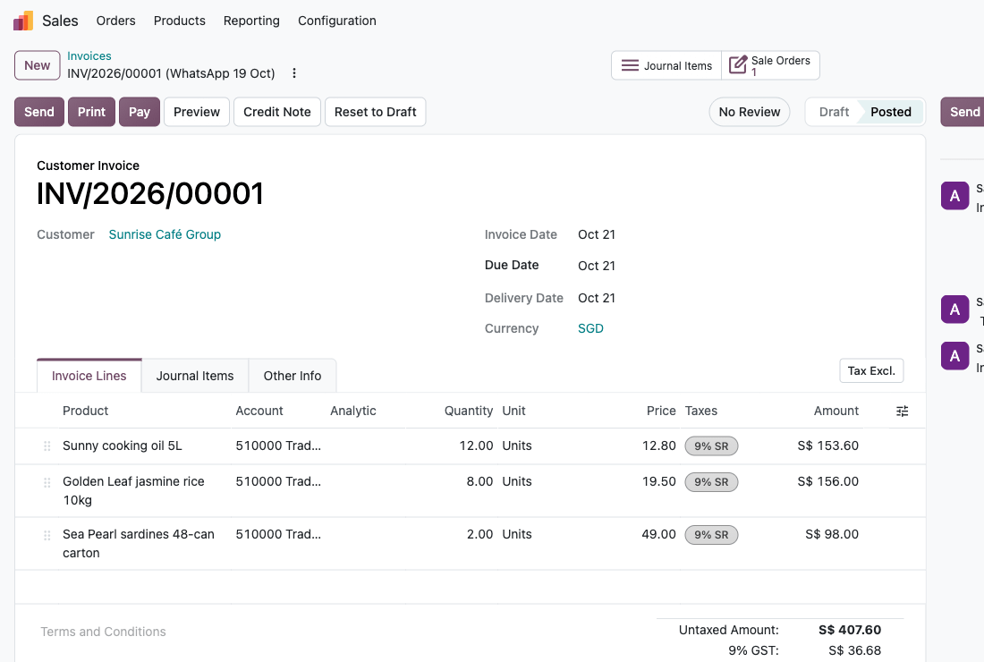 Real screen: a posted tax invoice with 9% GST for a Singapore trading company Real screen: a posted tax invoice with 9% GST for a Singapore trading company
