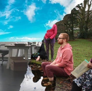 a collage. On the top left, blue sky, on the bottom left, a grey office space, on the right, a photo of Kaspa sitting on the edge of a pond with their bare feet in the water.