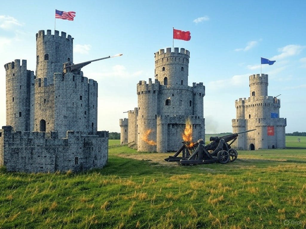Three castles representing the US, the EU and China, firing catapults at each other.