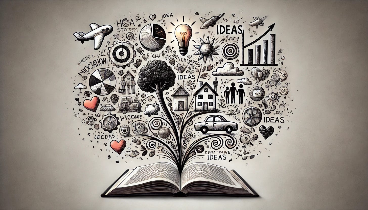 An open book with hand-drawn doodles emerging from its pages, representing various ideas and concepts. The doodles include a tree, a car, a bar graph, a house, a family, a piggy bank, a lightbulb (symbolizing ideas), an airplane, clouds, the sun, and a heart. The overall style is imaginative and creative, with black-and-white sketches floating above the book, suggesting storytelling, education, or creativity. The background is neutral gray, emphasizing the colorful ideas coming from the book.