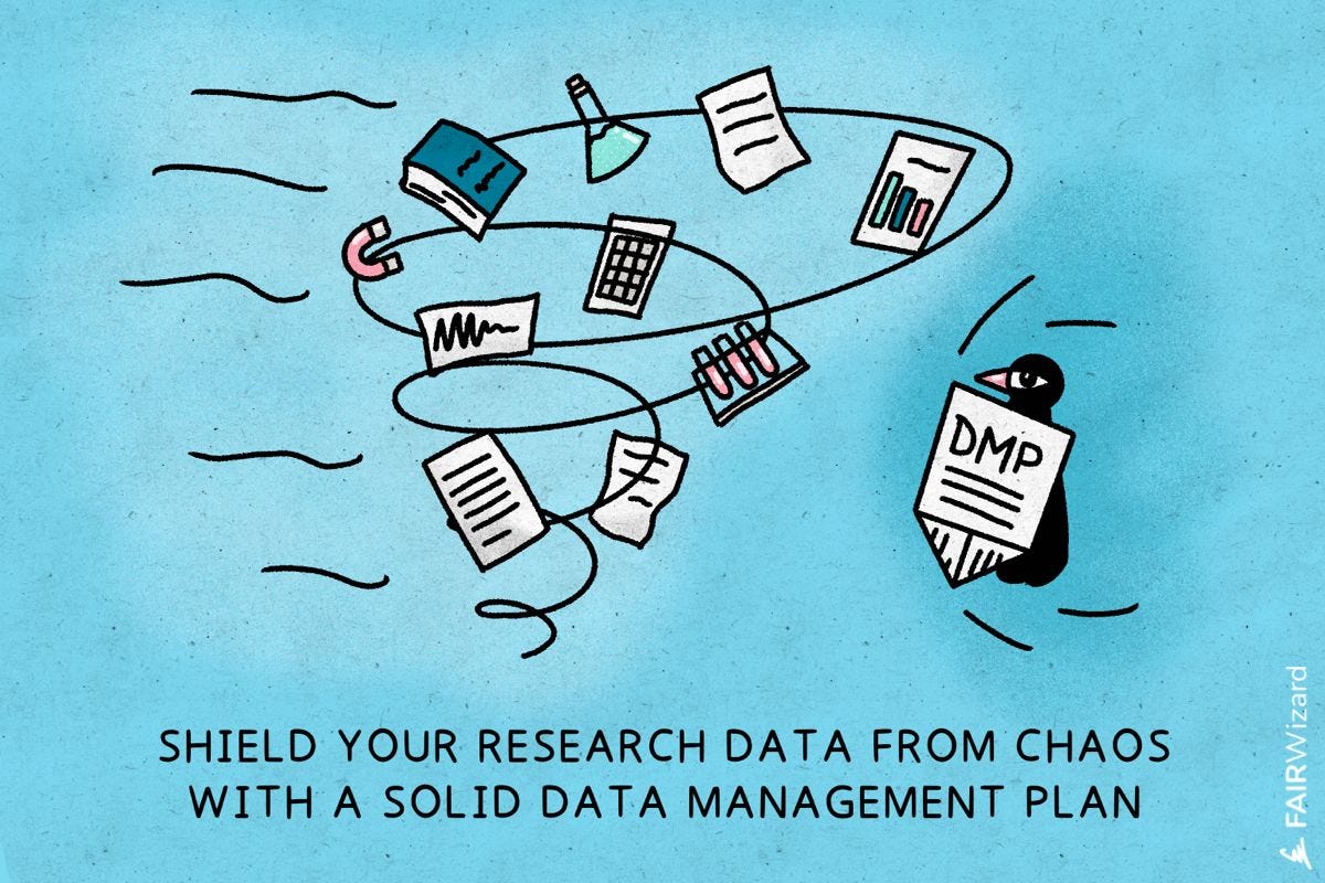 A penguin using a shield with the words "DMP" and a tornado of project chaos coming at it. At the bottom the words "Shield your research data from chaose with a solid data management plan"