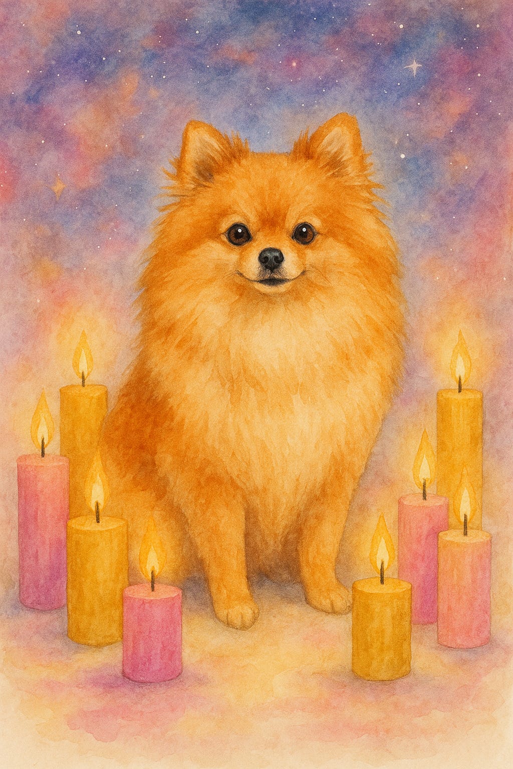 lion's gate portal - Pomeranian - pink and gold candles with cosmic sky - CreaTEAvity Studio - AI generated image