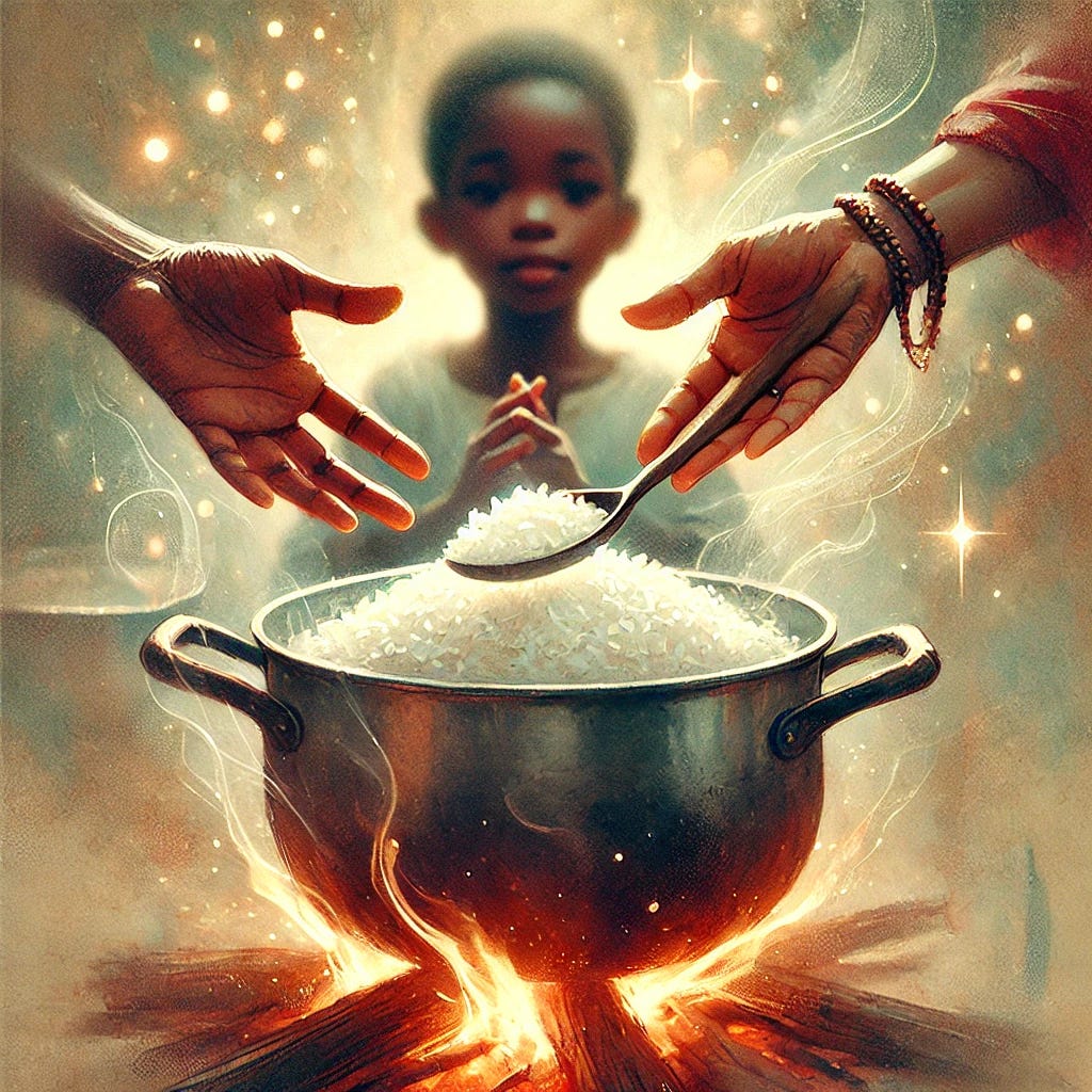 Water color graphic of mother and son cooking rice