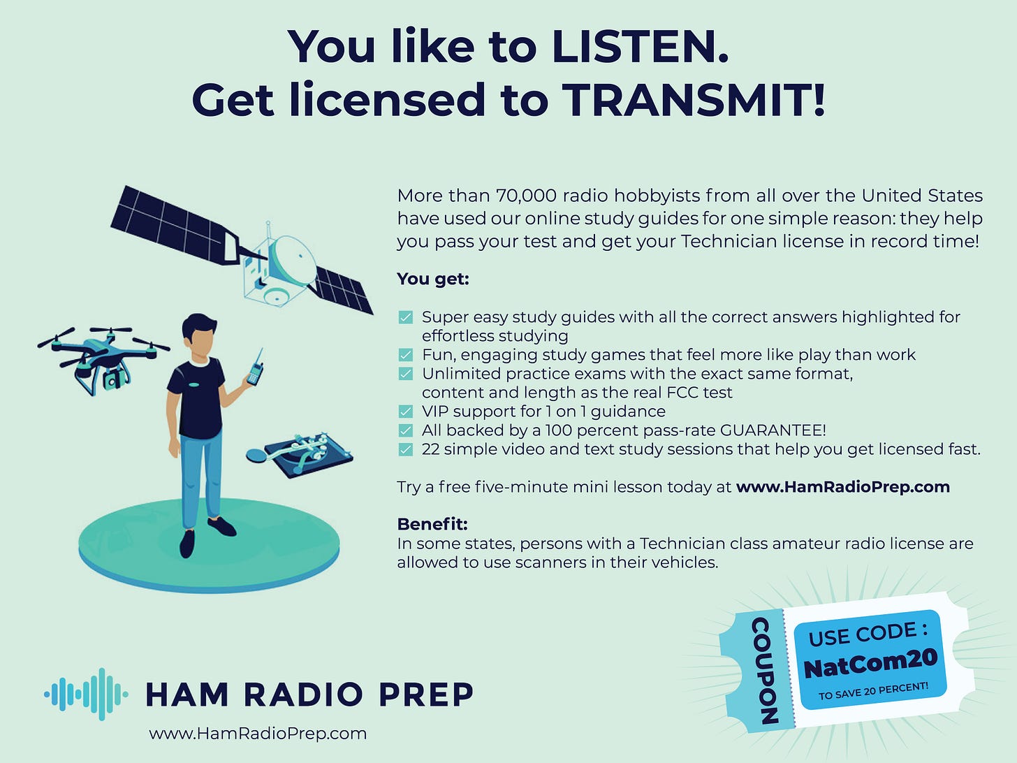 Ham Radio Prep will help you get your U.S. amateur radio license fast and easy. Click on their ad above to learn more about their courses and use coupon code NatCom20 at checkout to SAVE 20 PERCENT on any ham radio license courses, including their new courses on learning to communicate on the HF bands, basic ham radio and helping out with emergency communications. It’s easy to get your license and get ON THE AIR when you use HamRadioPrep.com!