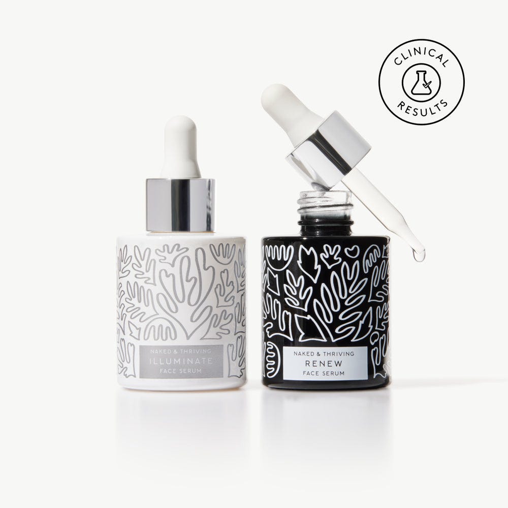 Naked & Thriving Wrinkle-Fighter Set with Illuminate BC+ Brightening Serum and Renew Resurfacing Night Serum in patterned glass bottles with dropper