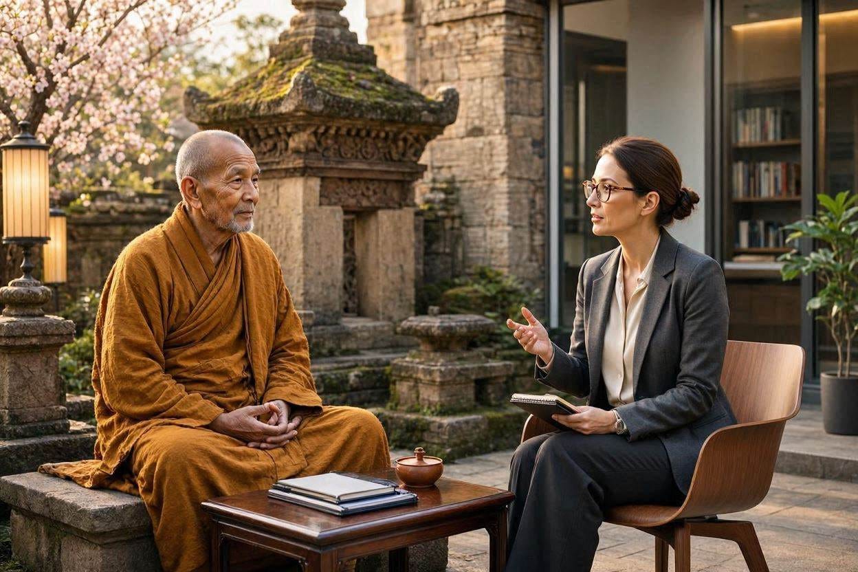 An image of ancient buddhism and modern psych. engaging in conversation. An image of ancient buddhism and modern psych. engaging in conversation.