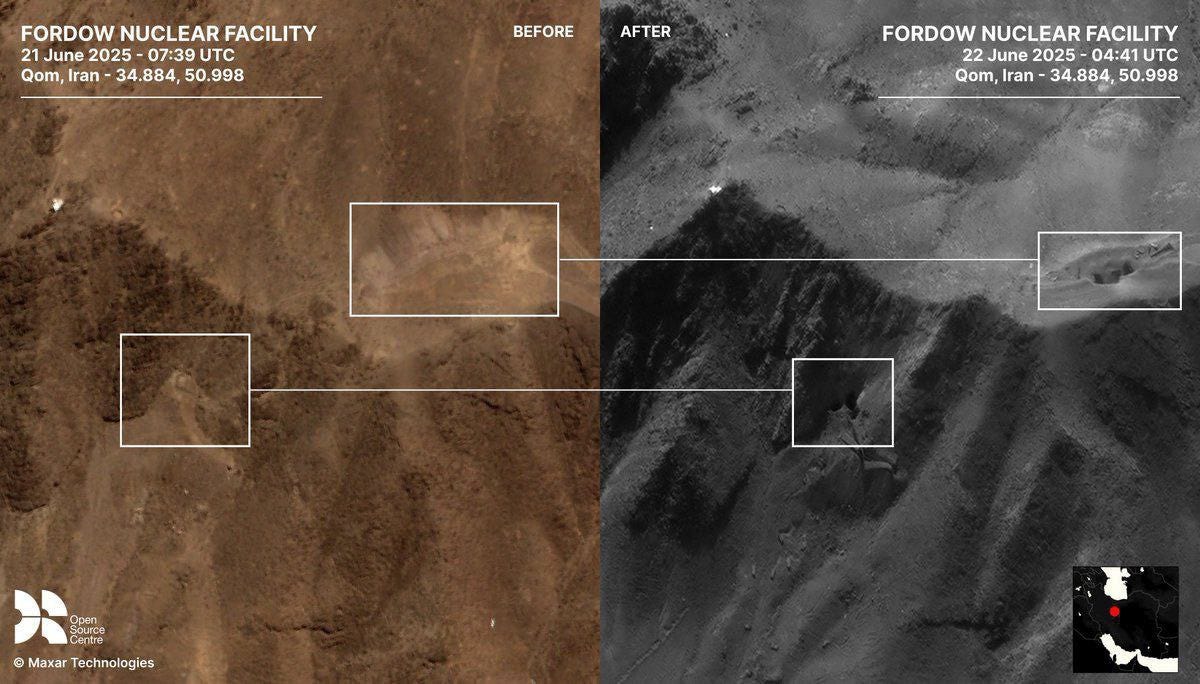 May be an image of map, crater and text that says 'FORDOW NUCLEAR FACILITY 21 June 2025 07:39 C Qom, Iran- 34.884, 50.998 BEFORE AFTER FORDOW NUCLEAR FACILITY 22 June 2025- 2025-04:41UT 04:410TC 04:41 1UTC Qom,Ira Qom,Iran-34.884,50.998 Iran 34.884, 50.998 Open Source Centre © MaxarTechnologies Maxar Technologies'