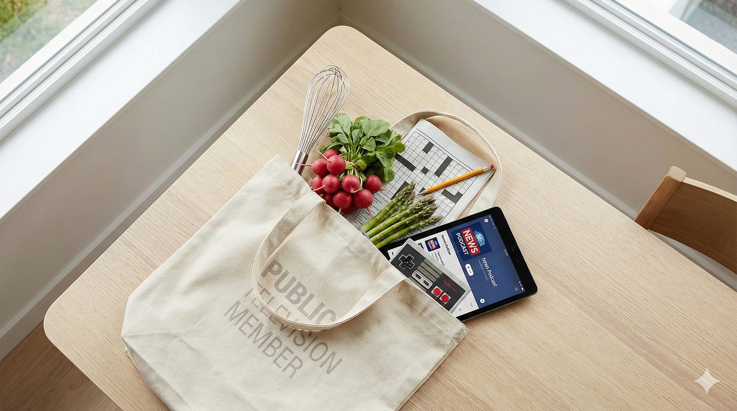 A top-down photo of a beige canvas tote bag stamped with "PUBLIC TELEVISION MEMBER" lying on a wooden table. Spilling out of the bag are items representing specific content verticals: a stainless steel whisk, fresh radishes and asparagus, a crossword puzzle, a retro game controller, and a digital tablet. A top-down photo of a beige canvas tote bag stamped with "PUBLIC TELEVISION MEMBER" lying on a wooden table. Spilling out of the bag are items representing specific content verticals: a stainless steel whisk, fresh radishes and asparagus, a crossword puzzle, a retro game controller, and a digital tablet.