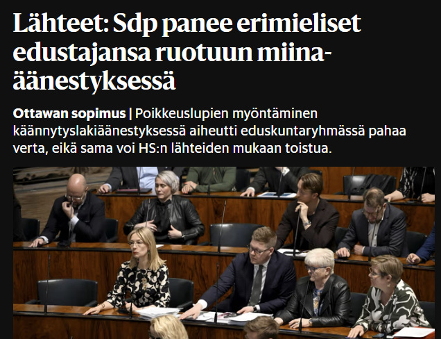 SDP:n eduskuntaryhmä ilmoitti aikaisemmin, ettei aio myöntää poikkeuslupia niille kansanedustajille, jotka haluaisivat äänestää Ottawan sopimuksesta irtautumisen puolesta, vaan vaati edustajiltaan äänestyskuria – ja ryhtyi syrjimään, ruotimaan ja jopa “ruoskimaan” niitä isänmaallisia edustajiaan, jotka ymmärsivät turvallisuuden merkityksen. SDP:n eduskuntaryhmä ilmoitti aikaisemmin, ettei aio myöntää poikkeuslupia niille kansanedustajille, jotka haluaisivat äänestää Ottawan sopimuksesta irtautumisen puolesta, vaan vaati edustajiltaan äänestyskuria – ja ryhtyi syrjimään, ruotimaan ja jopa “ruoskimaan” niitä isänmaallisia edustajiaan, jotka ymmärsivät turvallisuuden merkityksen.