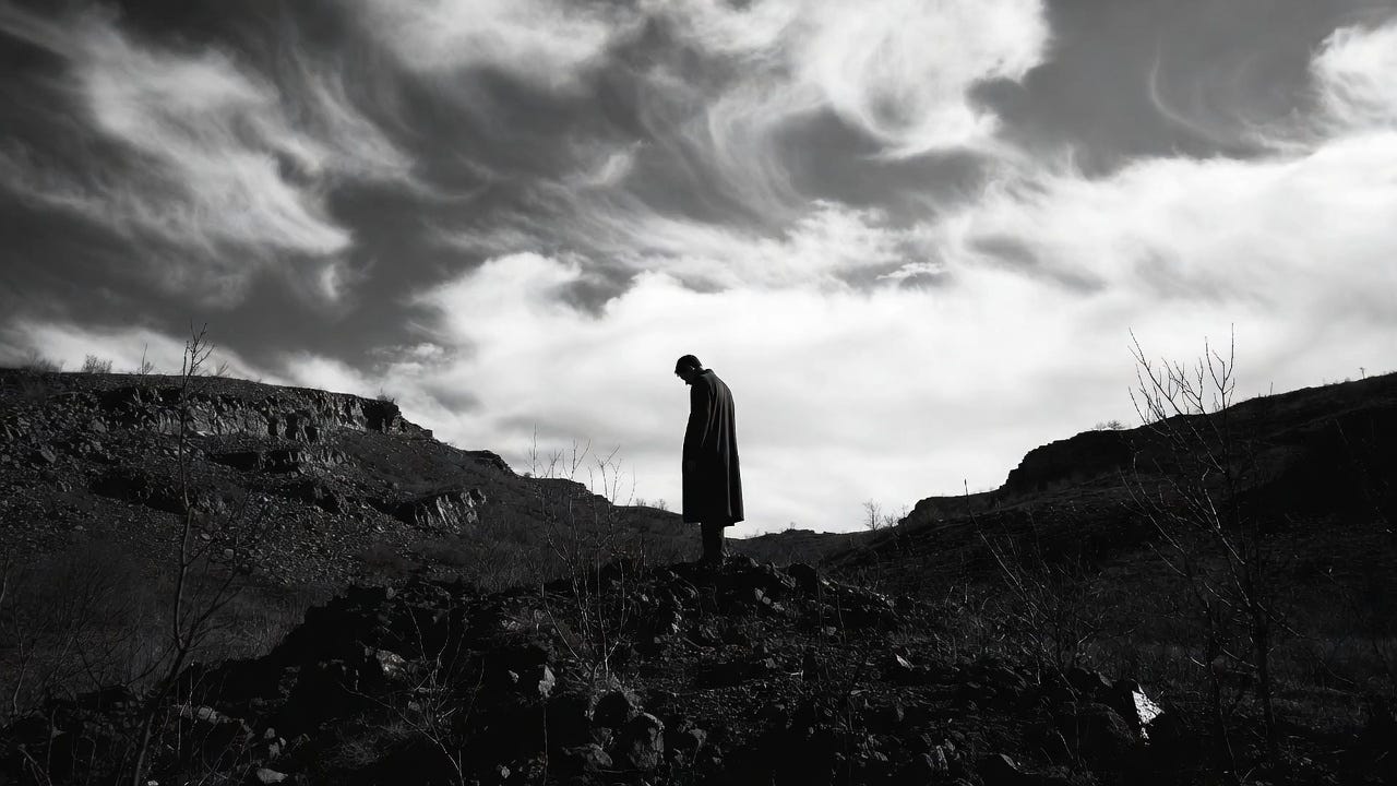 A lone, silhouetted figure stands in a contemplative, bowed posture atop a rocky hill under a dramatic, swirling monochrome sky.