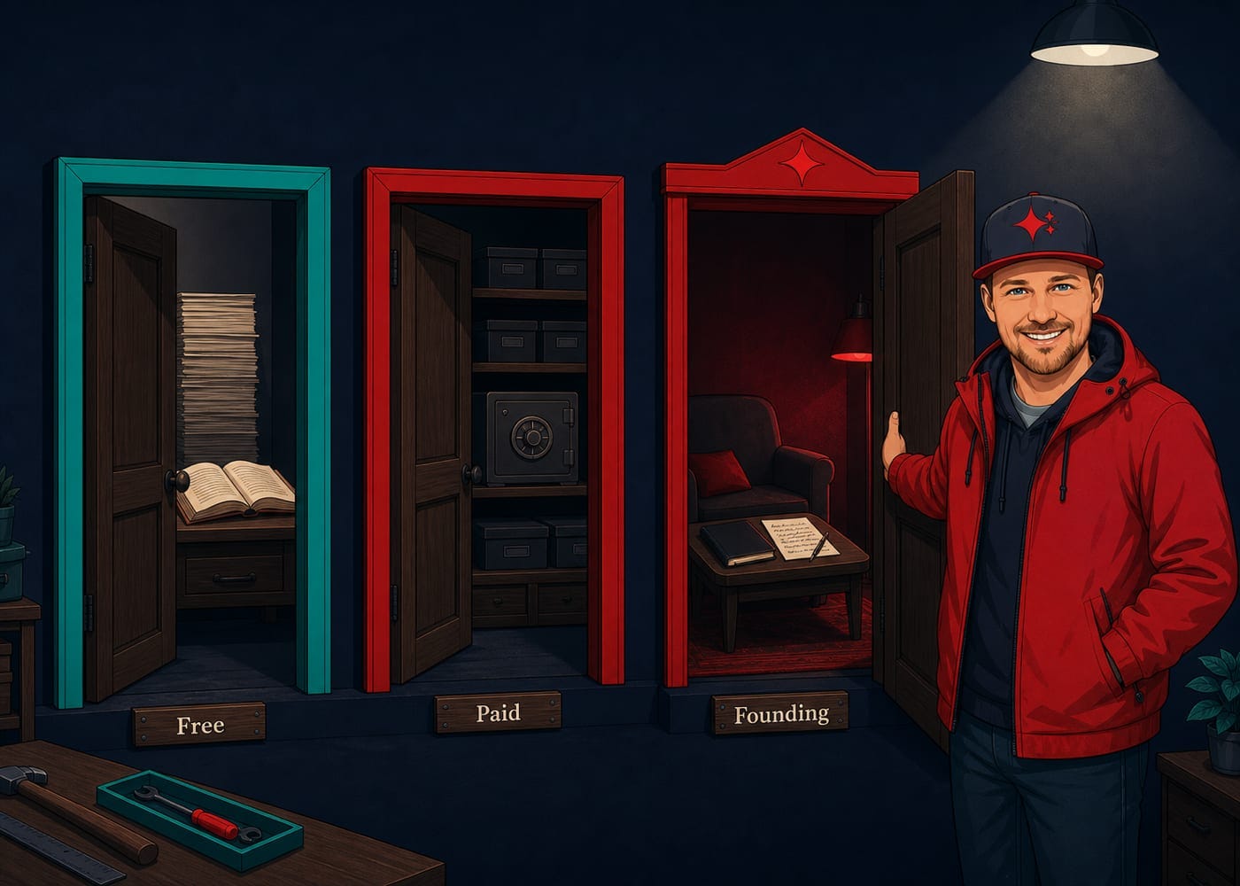 Workshop scene: Daniel stands beside three open doors — Free framed in teal showing papers and a book, Paid framed in red showing shelved products and a vault, Founding framed in red with a star above showing a cozy room with an armchair, a notebook, and a soft red glow.