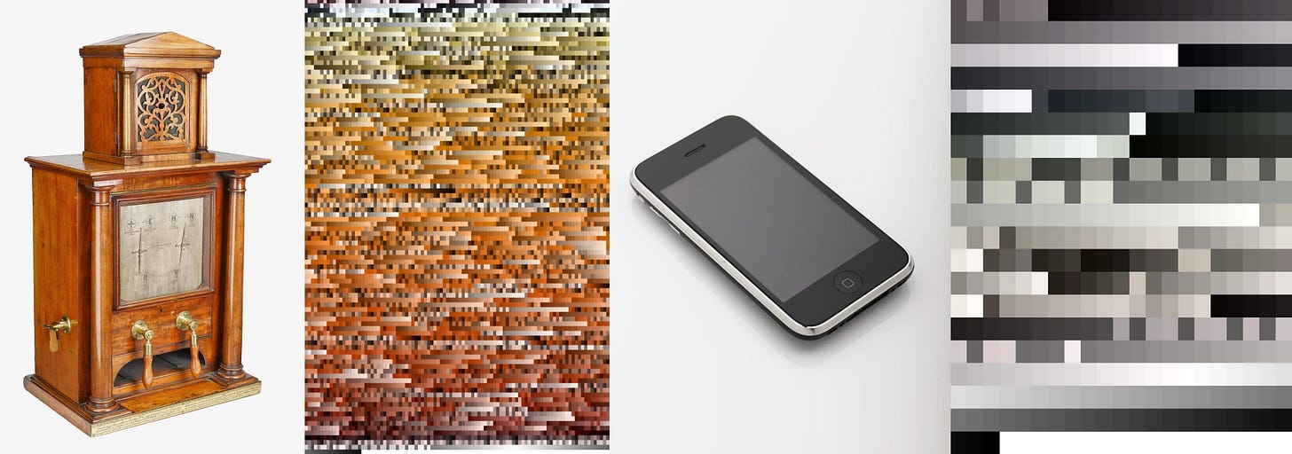 Four vertical panels show an antique radio, a pixelated abstract pattern, a smartphone, and another blurred grayscale pattern.