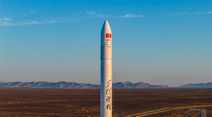 Hyperbola-1 heading to Launch Area 95A on its transporter-erector (left) and stood up ahead of launch (right).