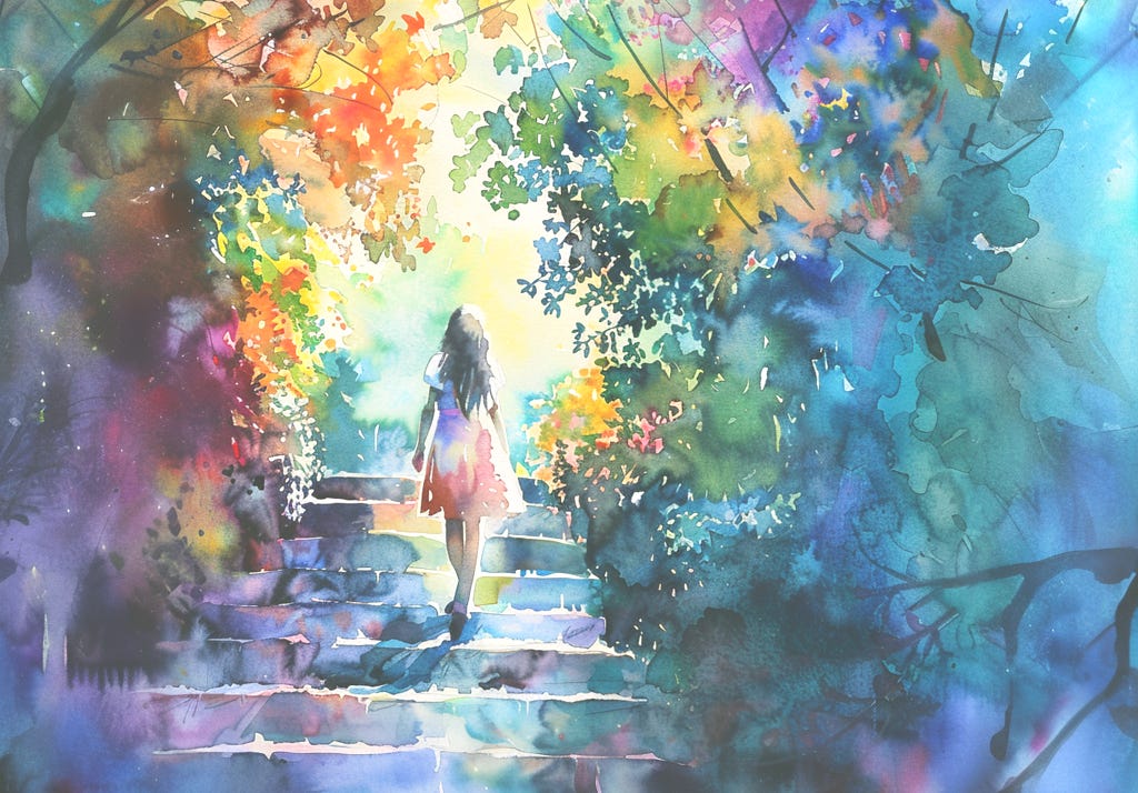 A woman is walking upstairs