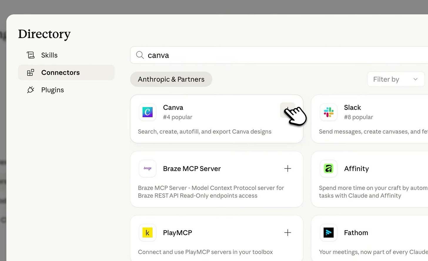 Claude’s connector directory with the Canva connector ready to add Claude’s connector directory with the Canva connector ready to add