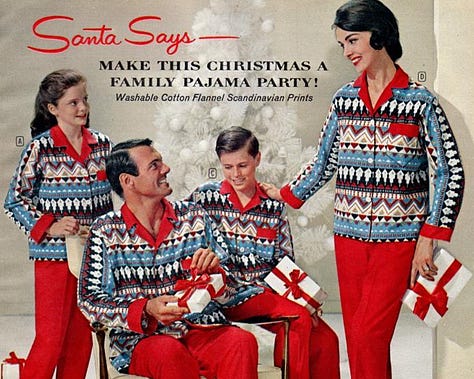 1960s families wearing matching Christmas pajamas in Nordic and Western styles
