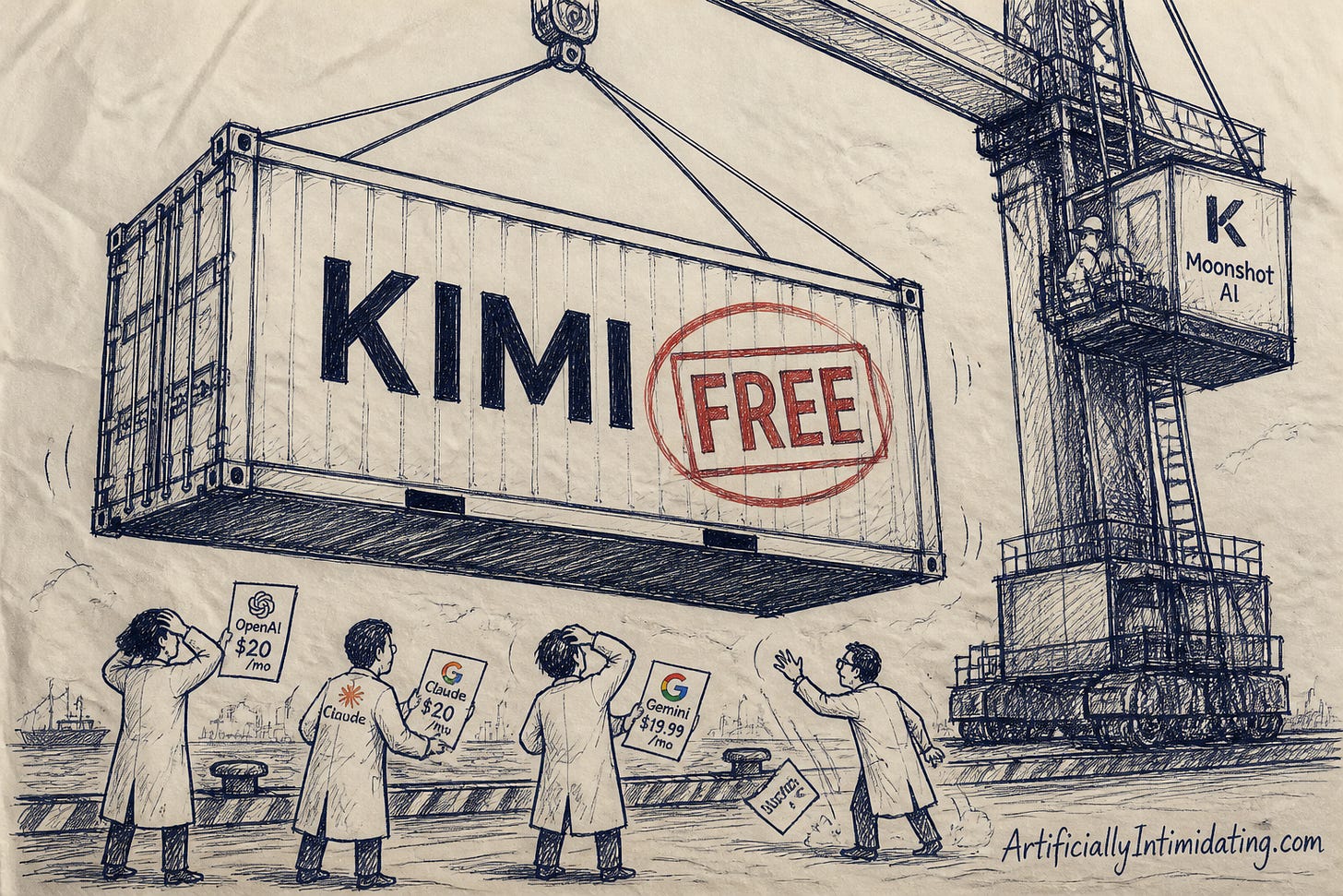 Editorial cartoon: a crane lowers a giant shipping container stamped KIMI and FREE onto a dock as researchers holding rival subscription price tags look up Editorial cartoon: a crane lowers a giant shipping container stamped KIMI and FREE onto a dock as researchers holding rival subscription price tags look up