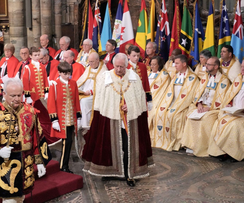 london, england may 06 king charles iii takes part in his and queen camillas coronation ceremony at westminster abbey on may 6, 2023 in london, england the coronation of charles iii and his wife, camilla, as king and queen of the united kingdom of great britain and northern ireland, and the other commonwealth realms takes place at westminster abbey today charles acceded to the throne on 8 september 2022, upon the death of his mother, elizabeth ii photo by jonathan brady wpa poolgetty images
