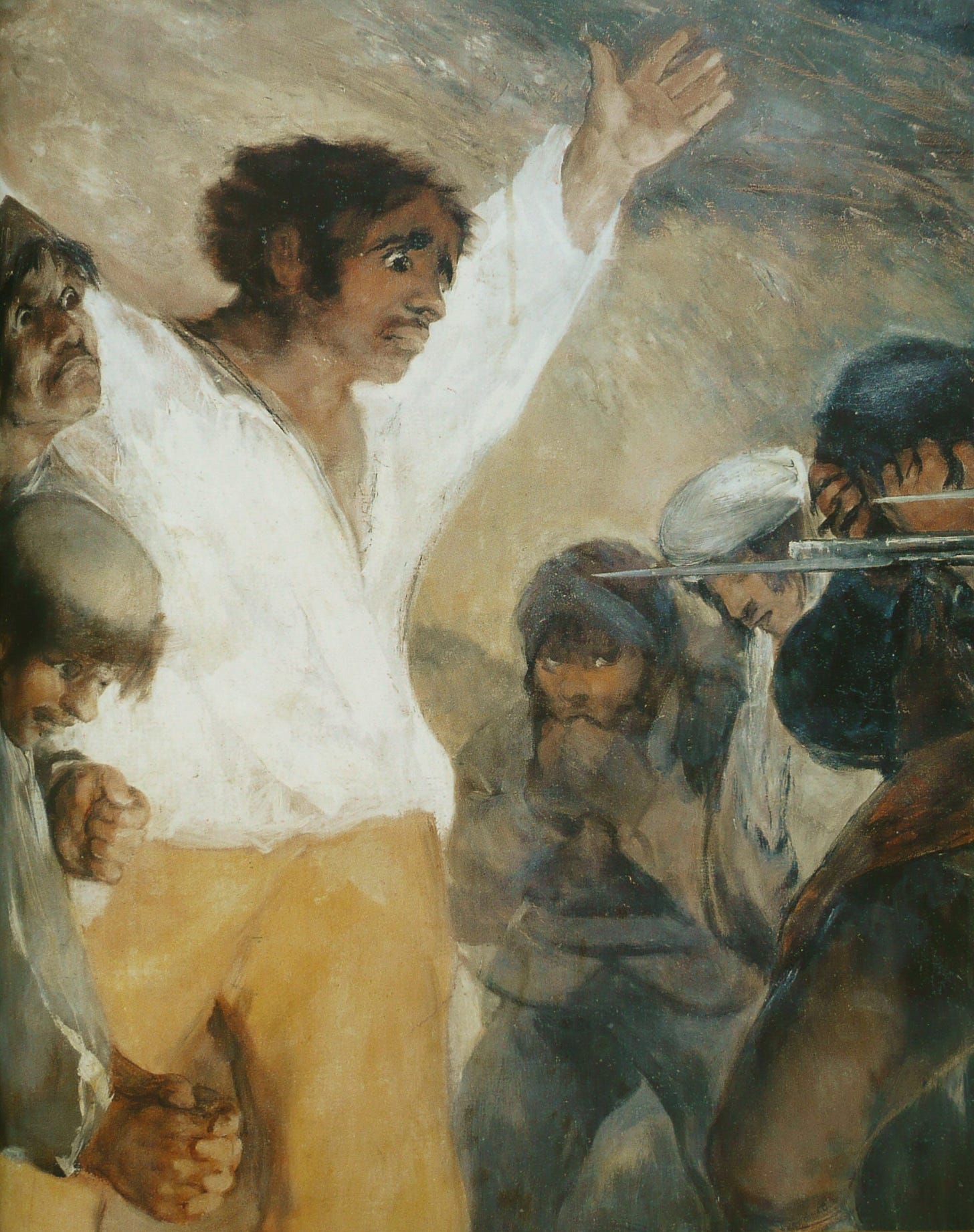 The firing squad in Goya's The Third of May 1808, soldiers with rifles raised, backs turned, faces hidden
