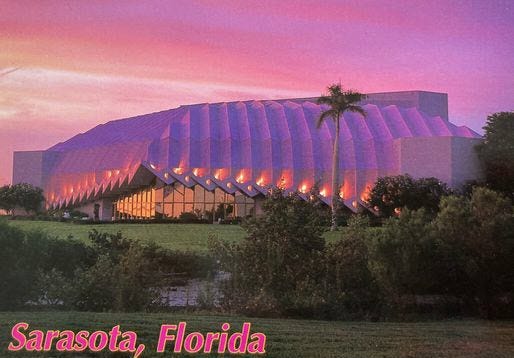 Photo of Van Wezel Performing Arts Hall on a postcard from Sarasota Florida - circa sometime prior to 2000 when the flytower was added Photo of Van Wezel Performing Arts Hall on a postcard from Sarasota Florida - circa sometime prior to 2000 when the flytower was added