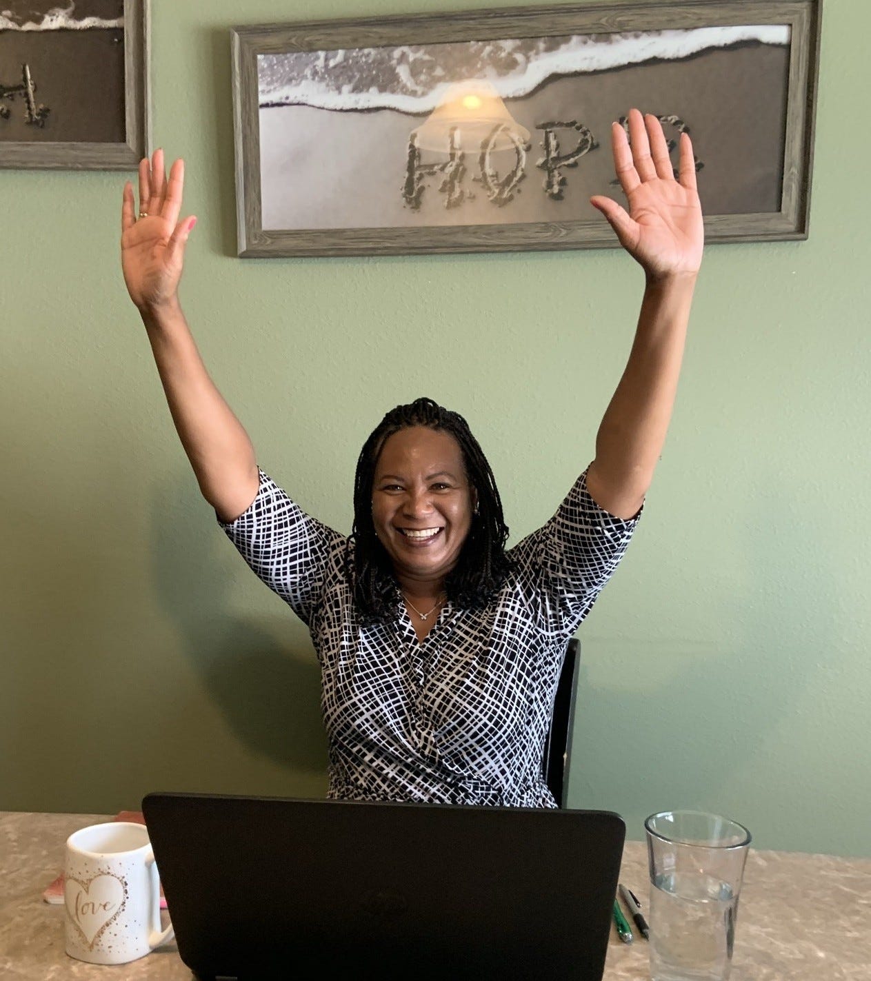 Woman hands in the air in praise, big smile, expression of gratitude. Woman hands in the air in praise, big smile, expression of gratitude.