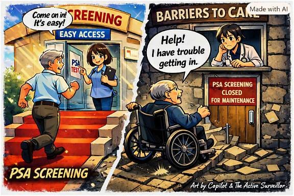 corrected manga PSA screening cartoon with bubble pointing only to wheelchair patient and clear door text