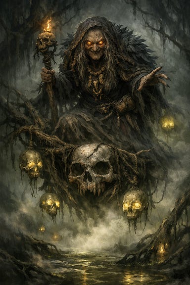 Vision of Baba Lysaga, ancient witch of Berez, hovering in mist and swamp light, surrounded by twisted roots and glowing skulls, her eyes burning with cruel wisdom Vision of Baba Lysaga, ancient witch of Berez, hovering in mist and swamp light, surrounded by twisted roots and glowing skulls, her eyes burning with cruel wisdom