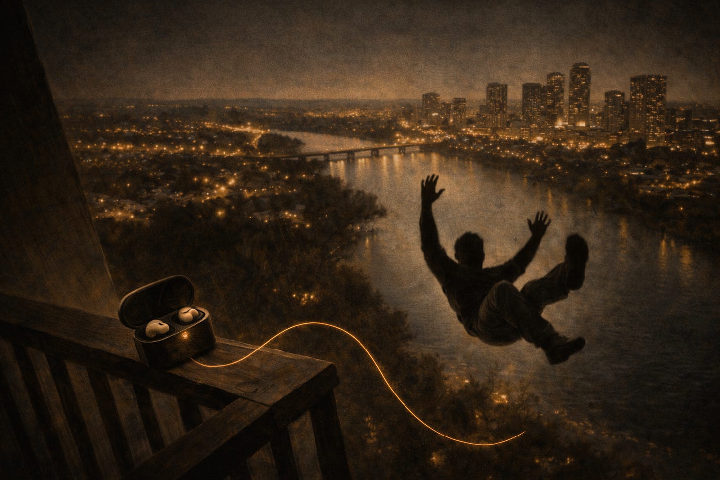 Oil-painted nighttime scene overlooking the James River in Richmond, where a silhouetted figure falls from a balcony toward the water below, while an open earbud case rests on the railing and a thin golden thread arcs outward into the city lights under warm, shadowed illumination.