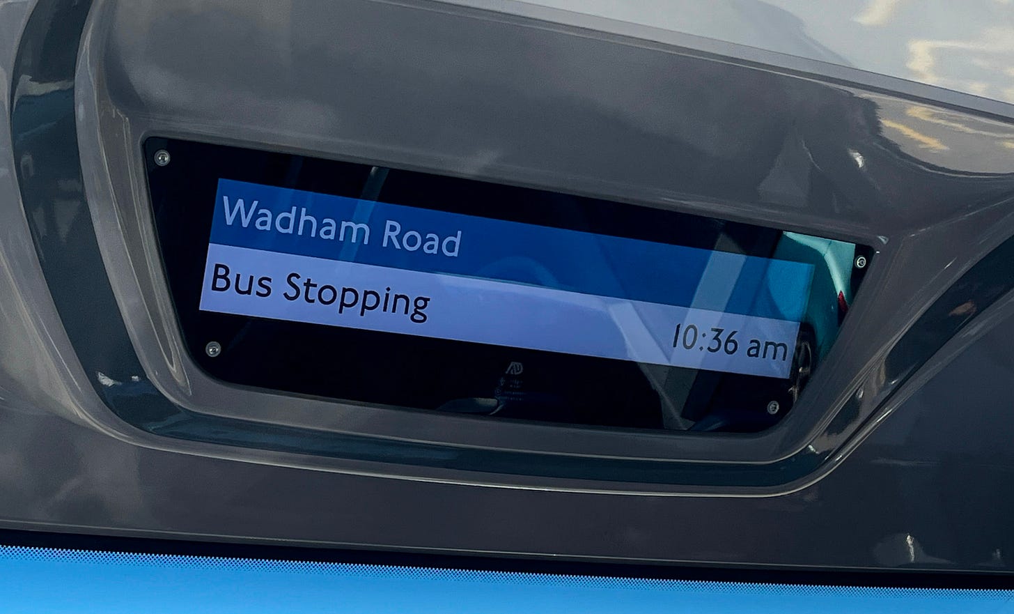 Photo of a colour iBus display on the upper deck of a bus.