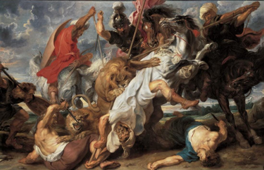 Two lions twisting into a wall of spears, horses and falling men Two lions twisting into a wall of spears, horses and falling men