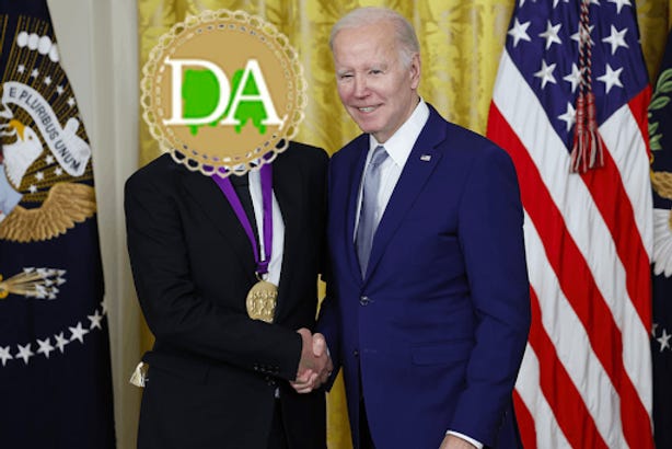Joe Biden and guy with Doily Allergen logo on his face shaking hands.