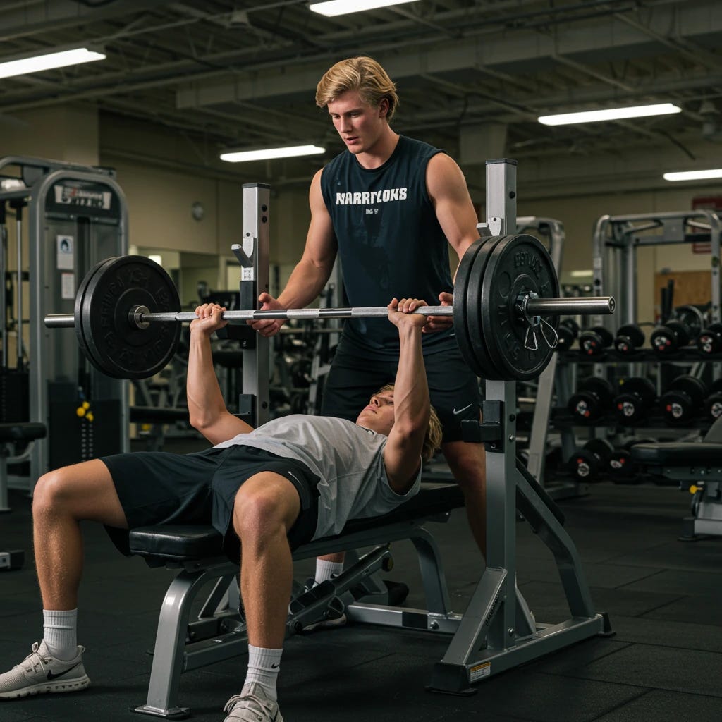 Alpha male blonde high school boys bench pressing at gym 