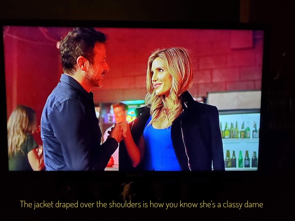 Vincent, a bland stubbly white guy, greeting Alison, a pretty skinny blonde lady with a biker jacket draped over her shoulders, captioned "The jacket draped over the shoulders is how you know she's a classy dame"