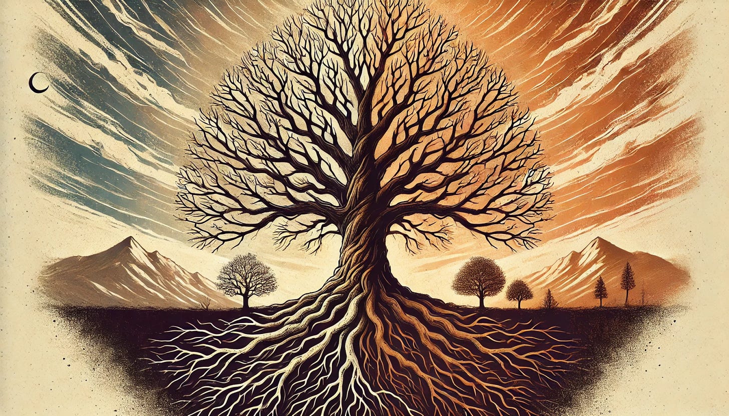Create a graphic featuring a mighty tree with deep roots, symbolizing resilience, strength, and perseverance through challenges. The tree should have sprawling branches and a solid trunk, standing firm against a subtle backdrop of changing seasons to represent adaptability over time. Avoid using any text that gives away key themes; instead, focus on an image that evokes endurance and hope. The colors should be rich and inviting, with a sense of depth and grounding.